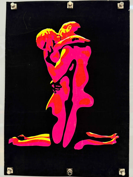 Vintage 1970s Cocorico Graphics "Flaming Love" Blacklight Poster Warren Dillon Flocked 22x30