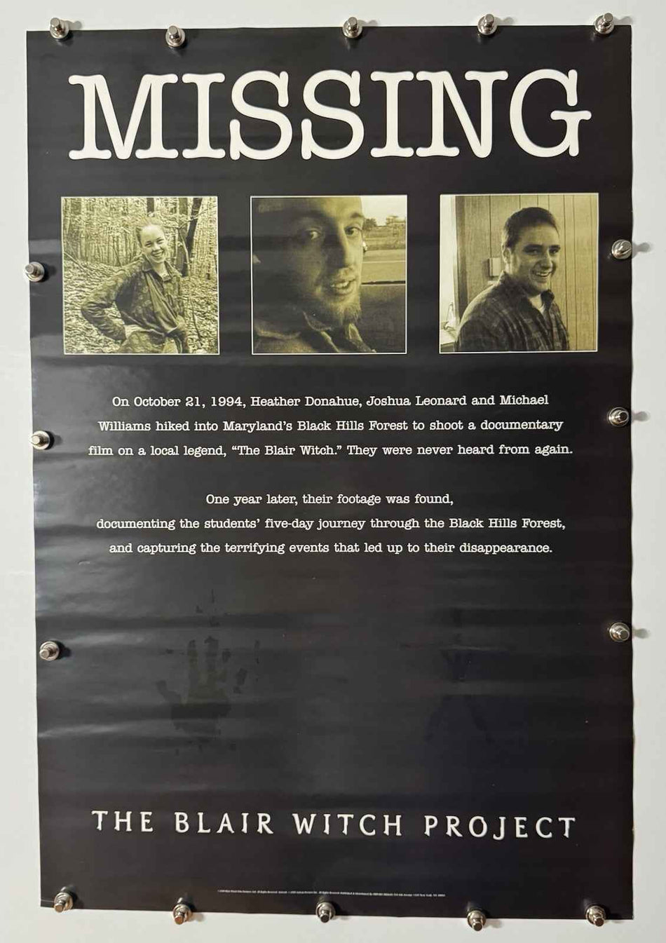 THE BLAIR WITCH PROJECT 1999 Original Movie Poster 27x40 SS Rolled Missing Heather Donahue - Joe's Geek VLT