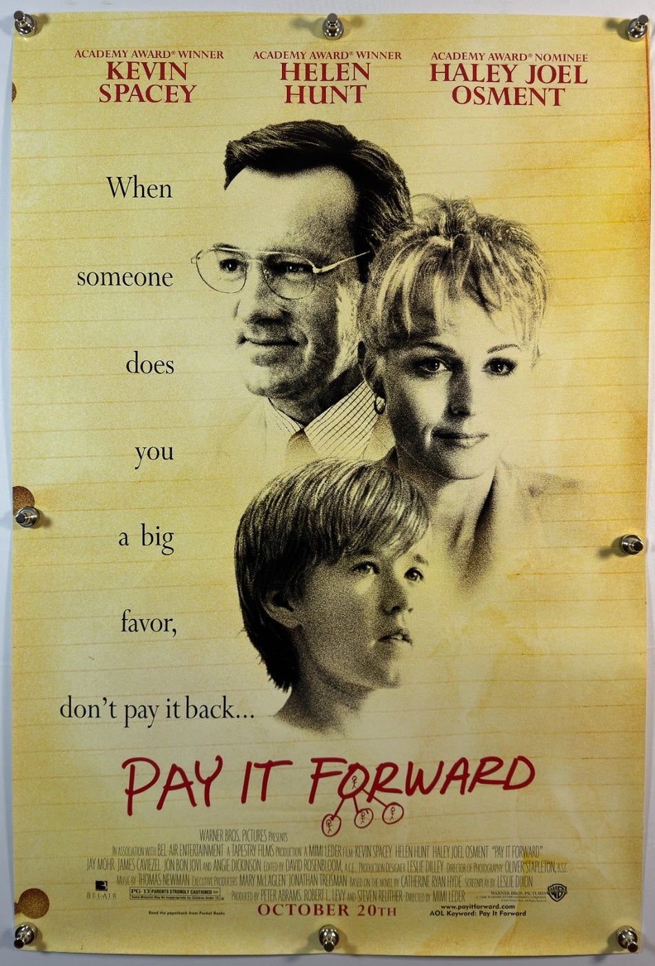 Pay It Forward 2000 Original Movie Poster 27x40 DS Rolled Kevin Spacey Helen Hunt - Joe's Geek VLT