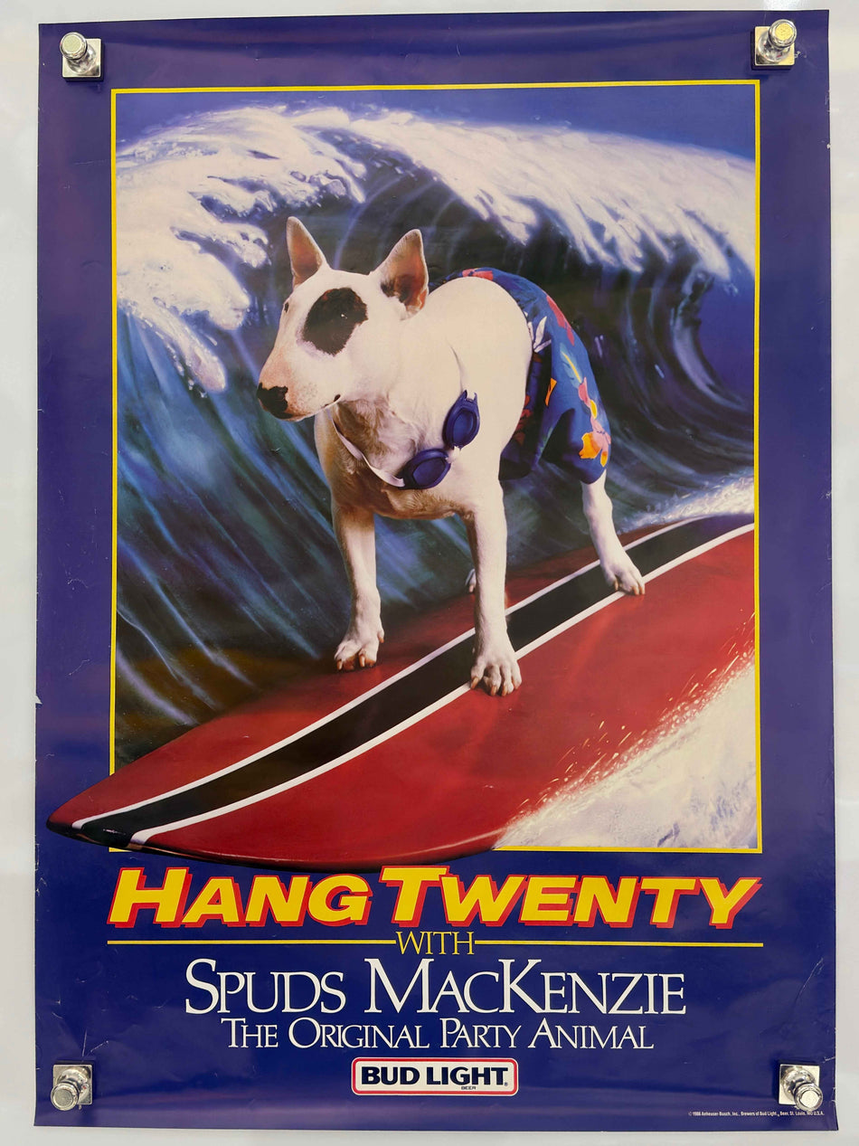 Hang Twenty (1986) Spuds MacKenzie Bud Light Original Advertising Poster 20x28