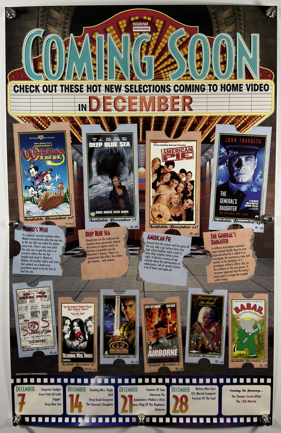 COMING SOON DECEMBER 1999 Original Video Release Calendar Poster 24x37 SS Rolled Ingram American Pie Deep Blue Sea - Joe's Geek VLT