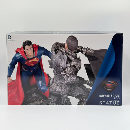 DC Comics Superman vs Zod statue collectible box featuring illustrated depictions of Superman and Zod on the front, with a blue side panel and product title text.
