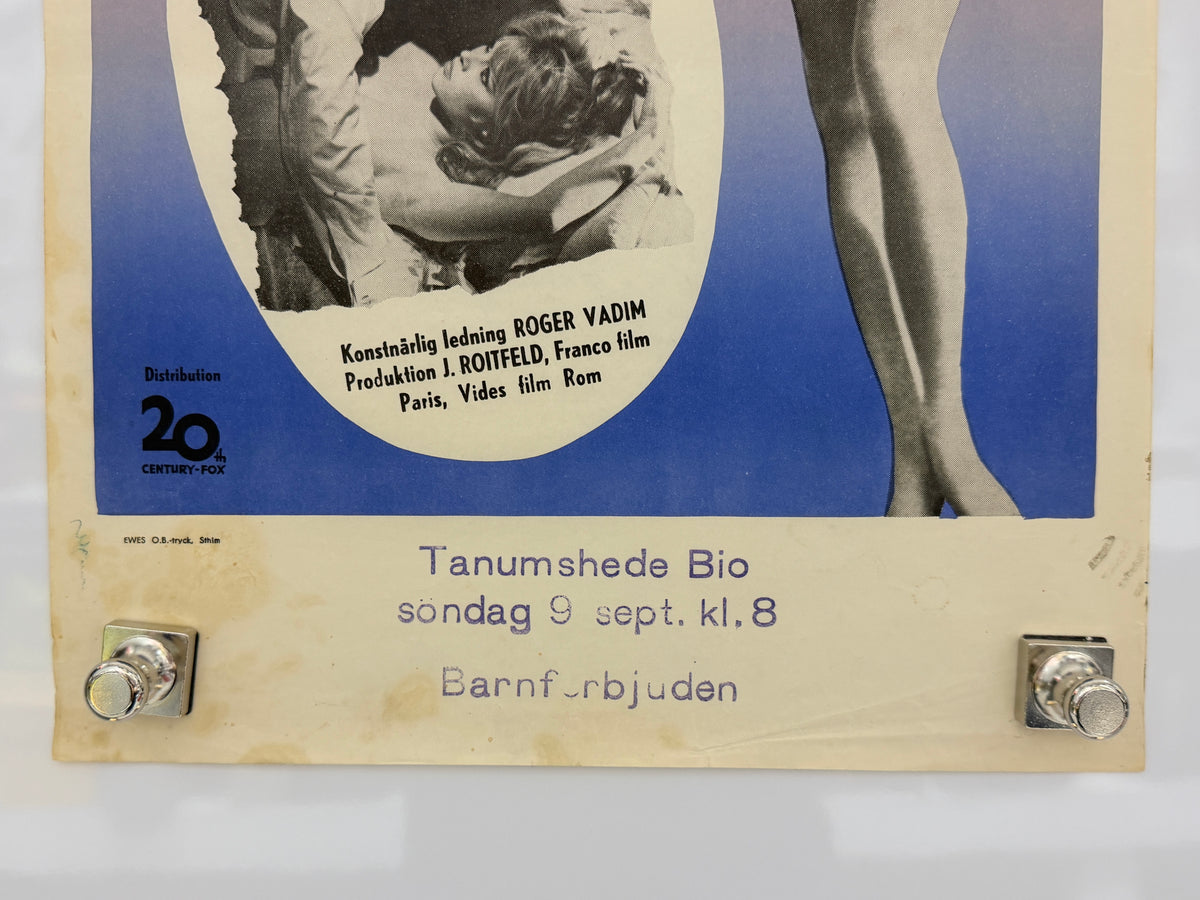 Vintage Danish movie poster for Roger Vadim's film 'Tanumshede Bio' featuring a blue and cream design with black-and-white imagery, photographed flat against a neutral background.