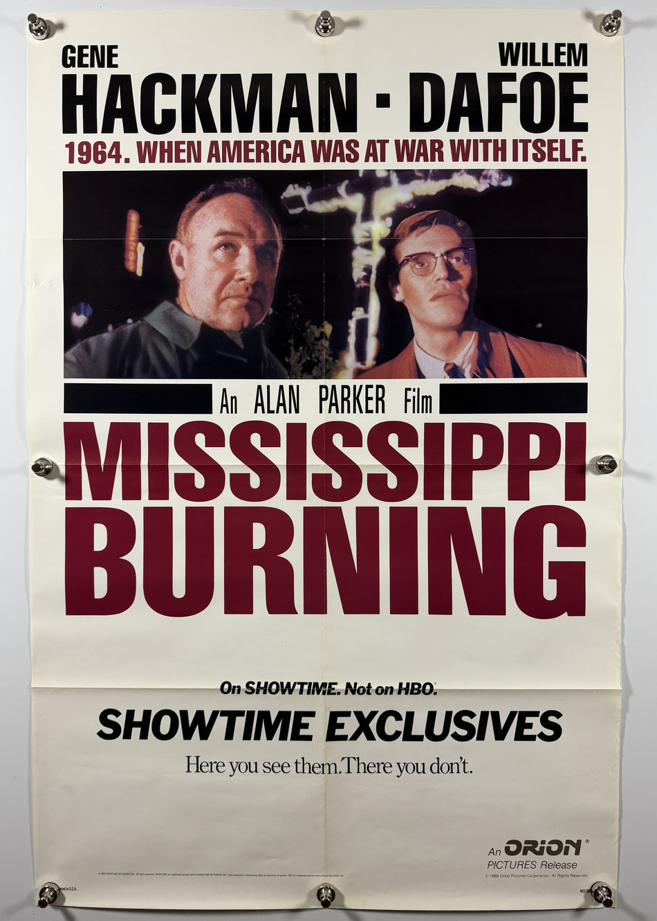 MISSISSIPPI BURNING 1989 Original Showtime Promotional Poster 27x41 SS Folded Now Rolled Gene Hackman Willem Dafoe
