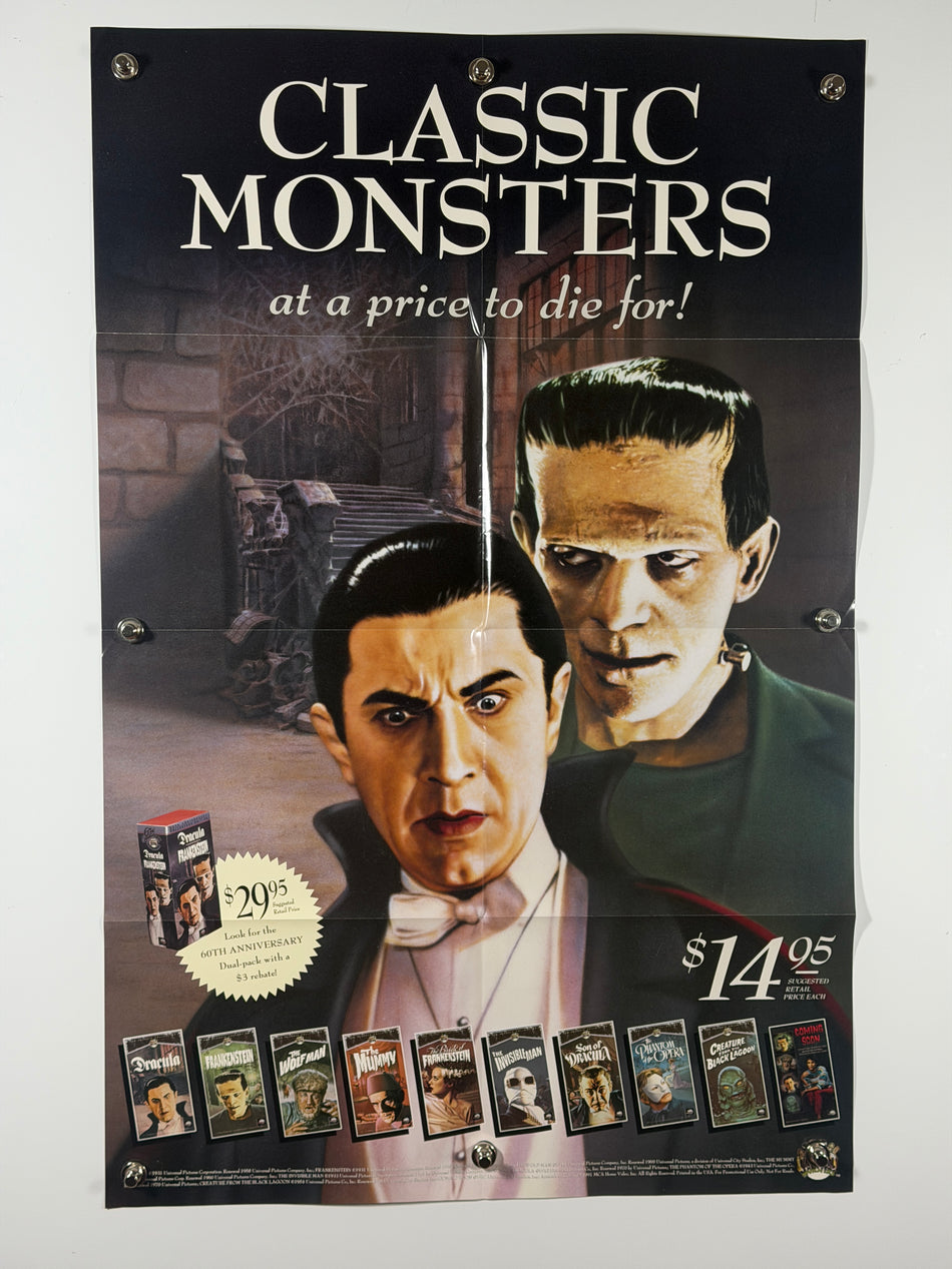 CLASSIC MONSTERS 1991 Original Home Video Promo Poster 27x40 SS Rolled Dracula Frankenstein