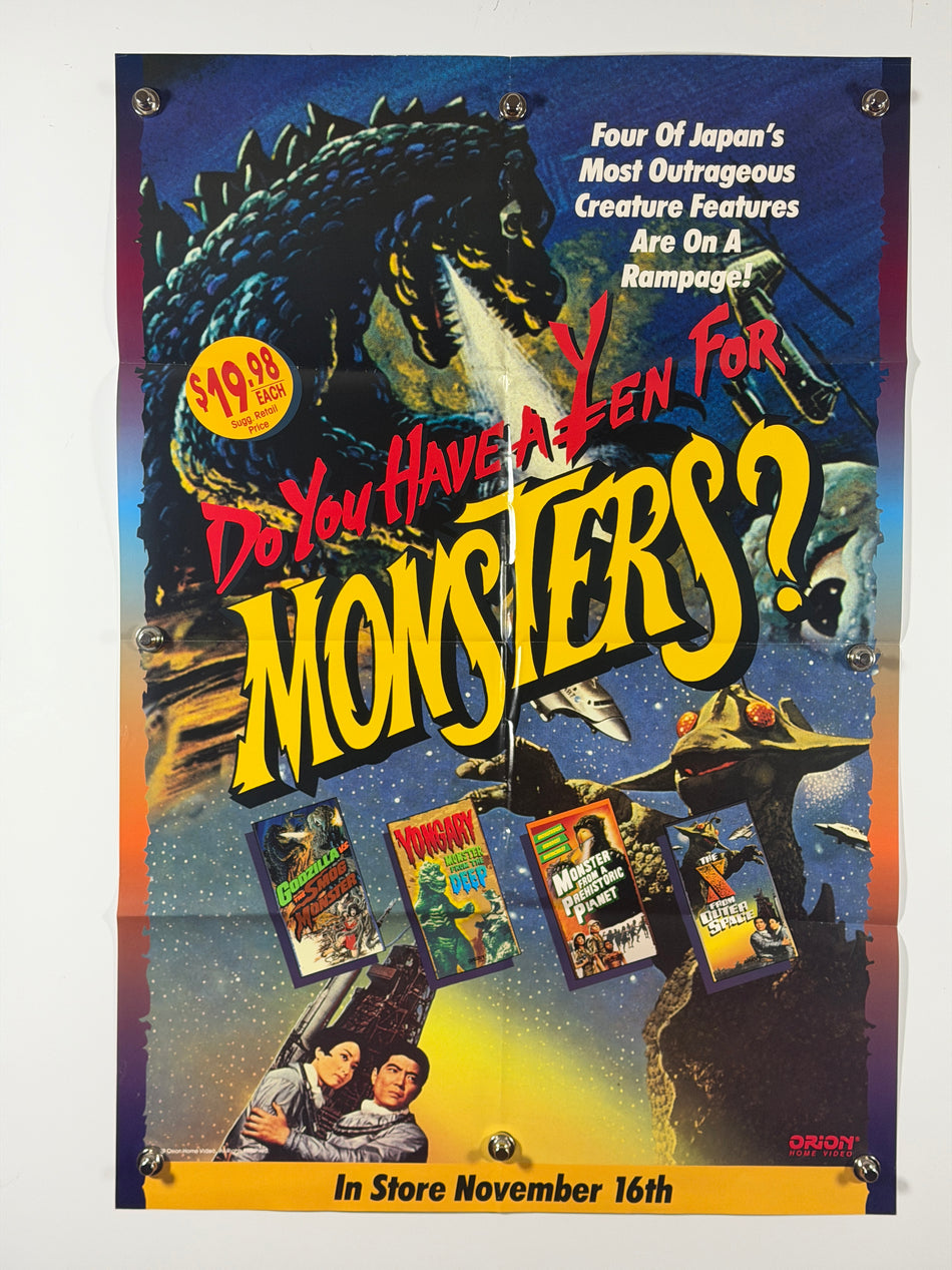 DO YOU HAVE A YEN FOR MONSTERS? 1989 Original Home Video Promo Poster 25x37 SS Rolled Orion
