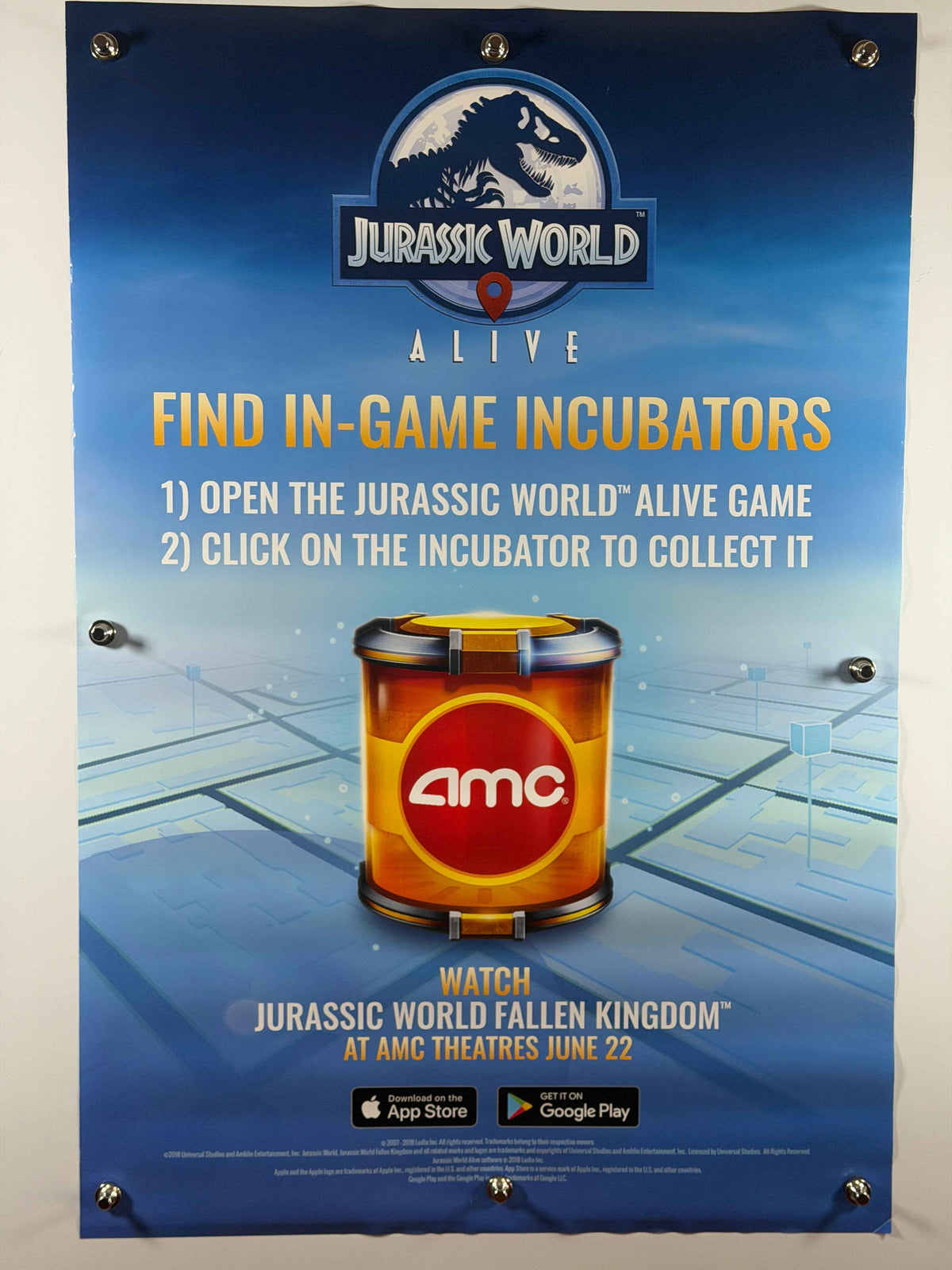 JURASSIC WORLD ALIVE 2018 Original AMC Promotional Poster 27x40 SS Rolled Jurassic World Fallen Kingdom