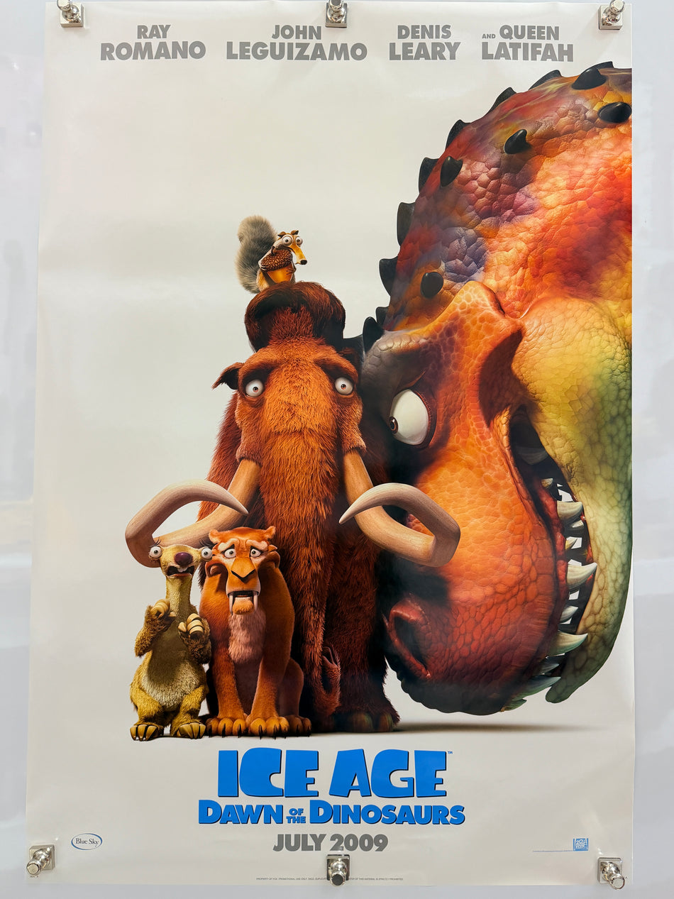 Ice Age Dawn of the Dinosaurs advance poster with Scrat above Manny, Sid and Diego below, a large dinosaur at right, and July 2009 release text.