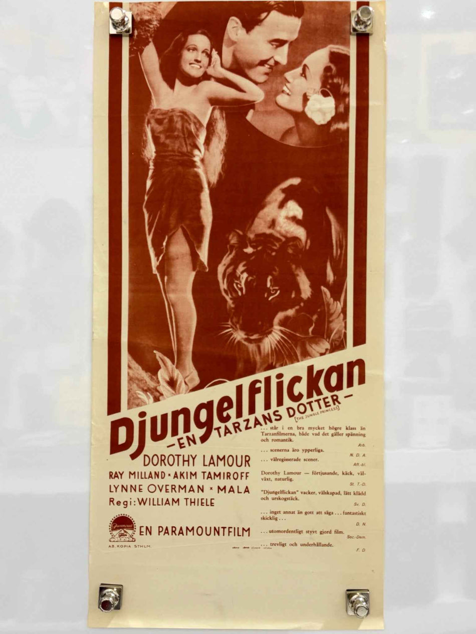 The Jungle Princess Djungelflickan 1936 Original Swedish Movie Poster 13 by 27 and a Half Folded Dorothy Lamour